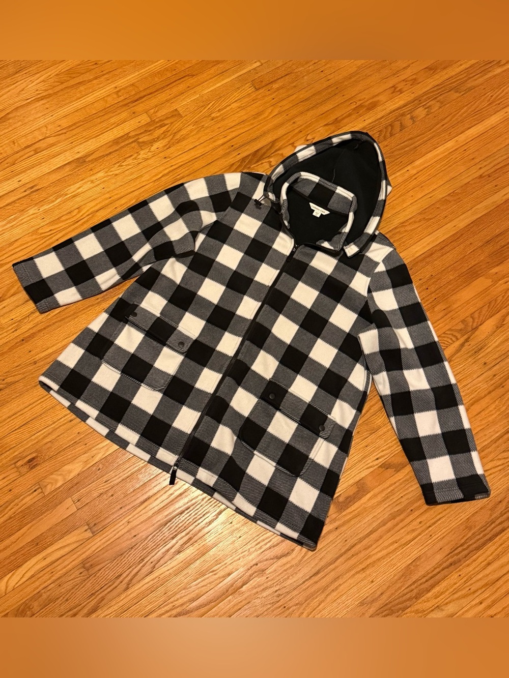 Coldwater Creek Women’s Black & White Buffalo Plaid Hooded Pea Coat Size 2X